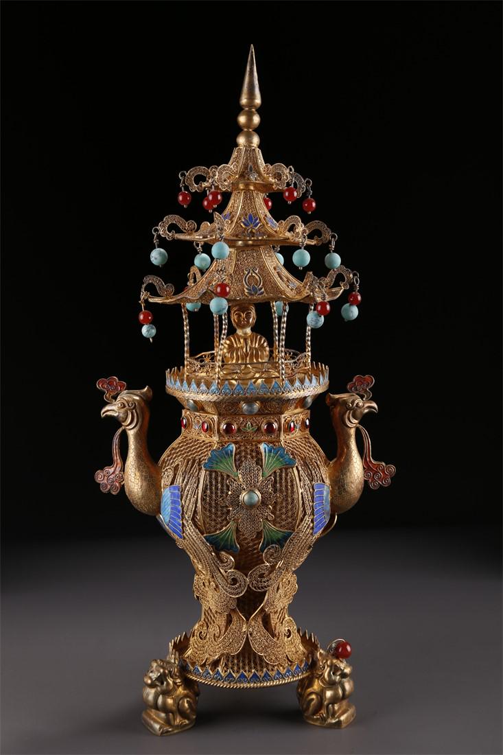 A GILT SILVER FILIGREE INCENSE BURNER. (1 of 10)