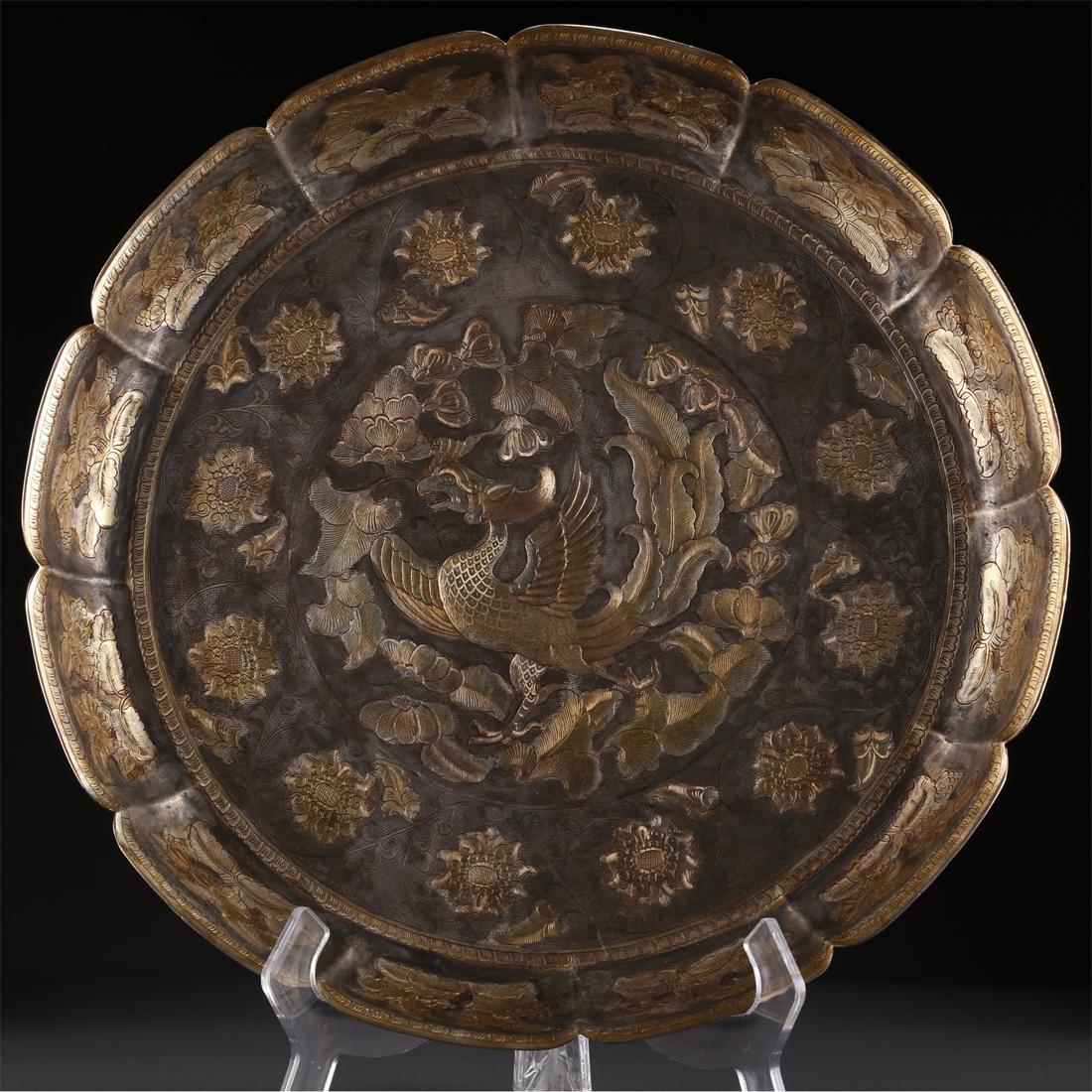 A BRONZE PLATE WITH PHOENIX DESIGN. (1 of 9)