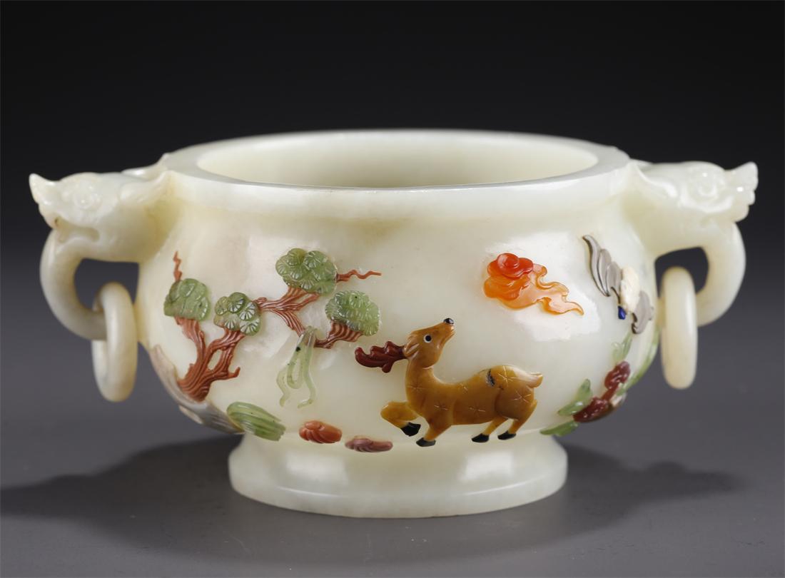 A HETIAN JADE CENSER WITH PINE AND DEER MOTIF. (1 of 8)