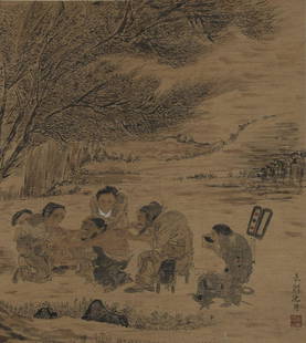 A FIGURE STORY PAINTING ON SILK BY SHEN ZHOU.: Figure Story Painting on Silk, Hand Painted by Shen Zhou.