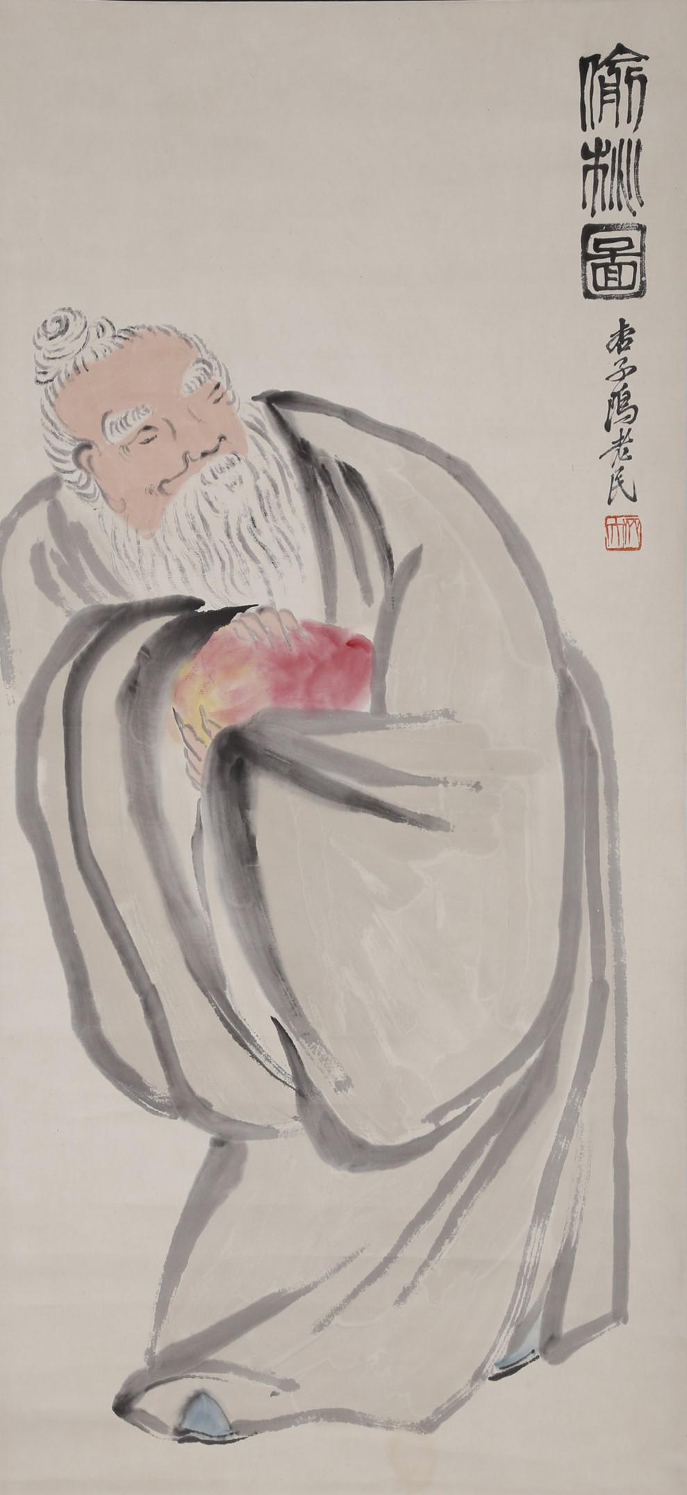 A STEALING-PEACH OLD MAN PAINTING BY QI BAISHI.: Stealing-Peach Old Man Painting on Paper, Hand Painted by Qi Baishi.