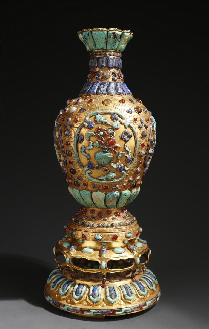 A GILT BRONZE BOTTLE, INLAID WITH JEWELS. (1 of 10)