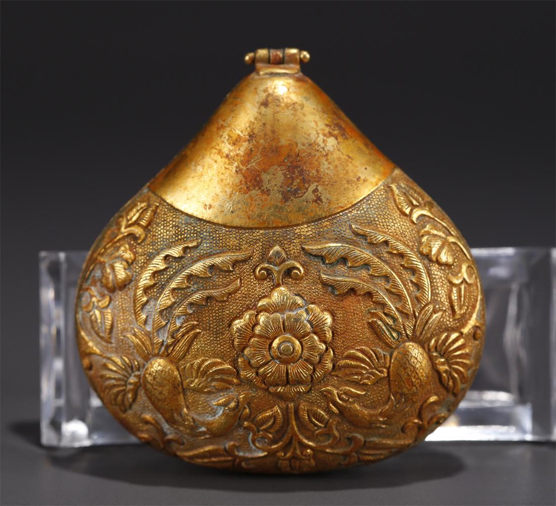 A GILT BRONZE LIDDED BOX WITH PHOENIX DESIGN. (1 of 9)