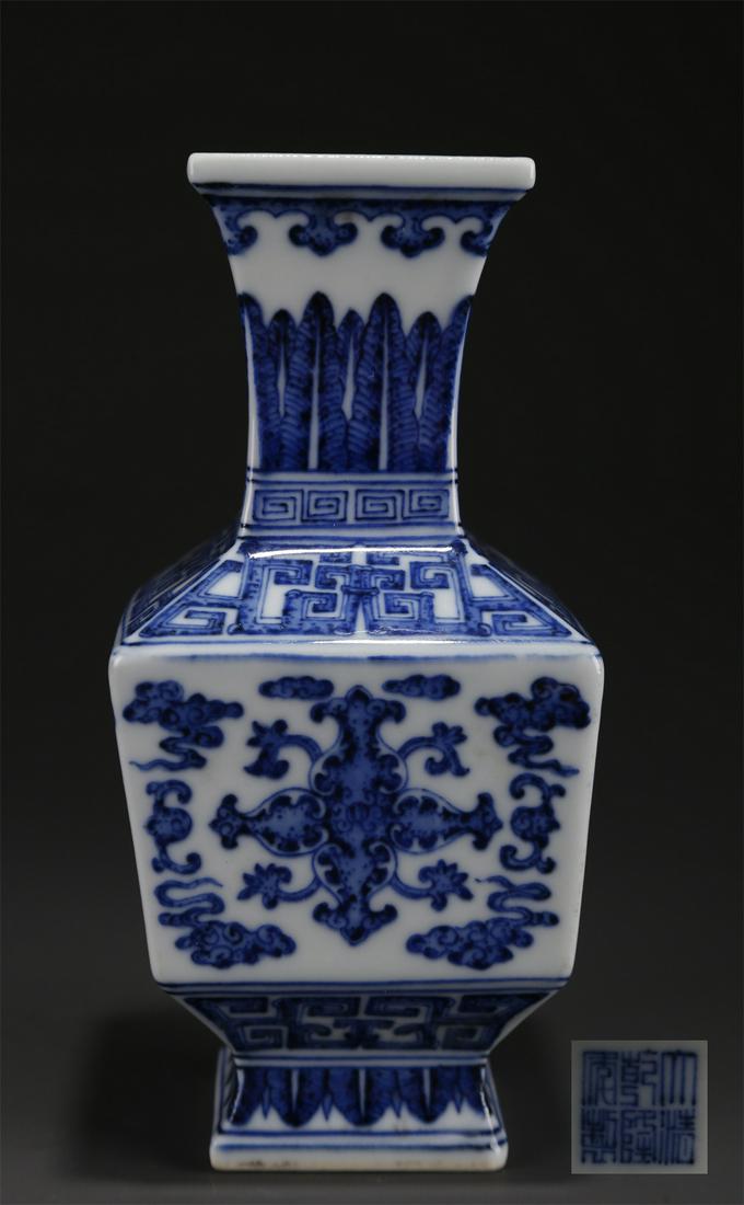 A BLUE-AND-WHITE SQUARE PORCELAIN BOTTLE. (1 of 9)