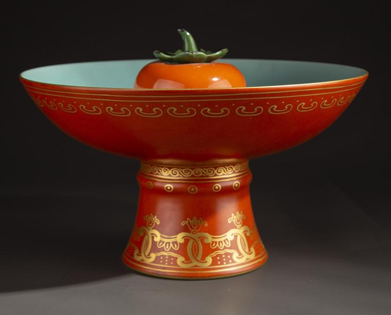 A CORAL-RED GLAZED BIONIC PORCELAIN PLATE. (1 of 8)