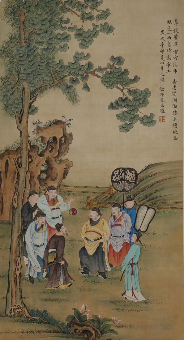 A FIGURE STORY PAINTING ON SILK BY XU BANGDA. (1 of 8)