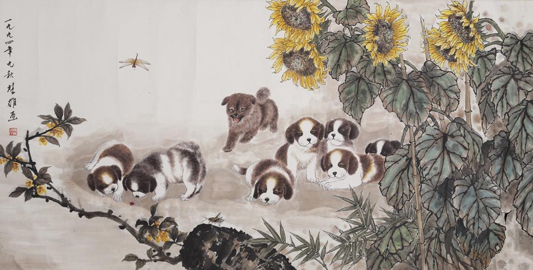 A PUPPIES MIRROR PAINTING BY FANG CHUXIONG. (1 of 9)