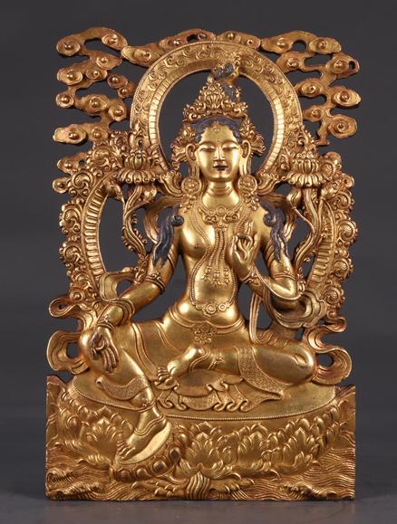 A TIBETAN GILT BRONZE GREEN TARA BUDDHA PLATE. (1 of 6)