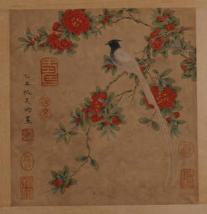 A FLOWERS AND BIRDS MIRROR PAINTING BY WU BING.: Flowers and Birds Mirror Painting on Silk, Hand Painted by Wu Bing.