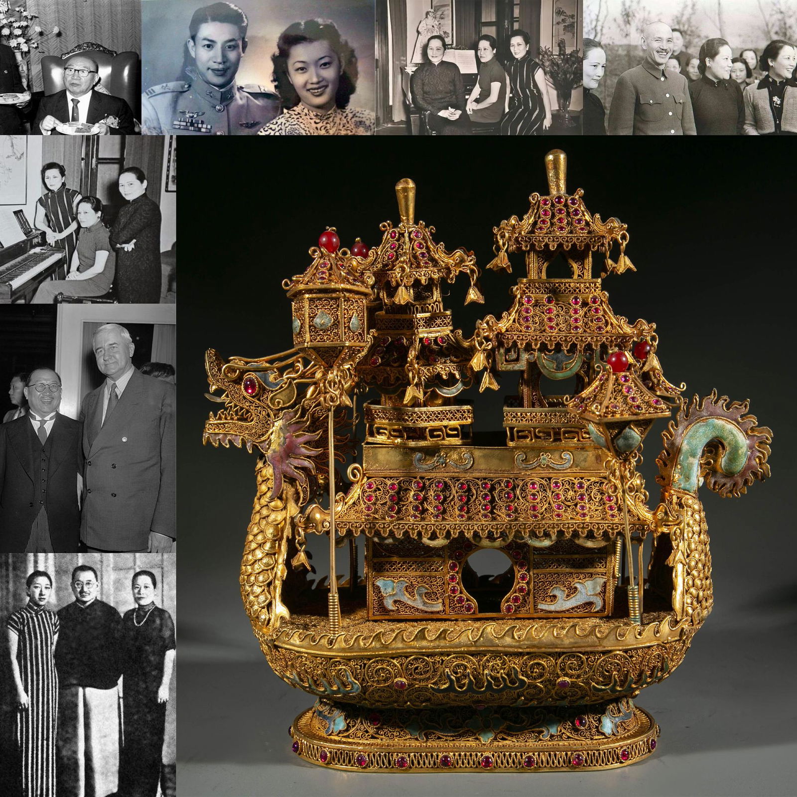 A GILT BRONZE FILIGREE SHIP SCULPTURE ORNAMENT. (1 of 11)