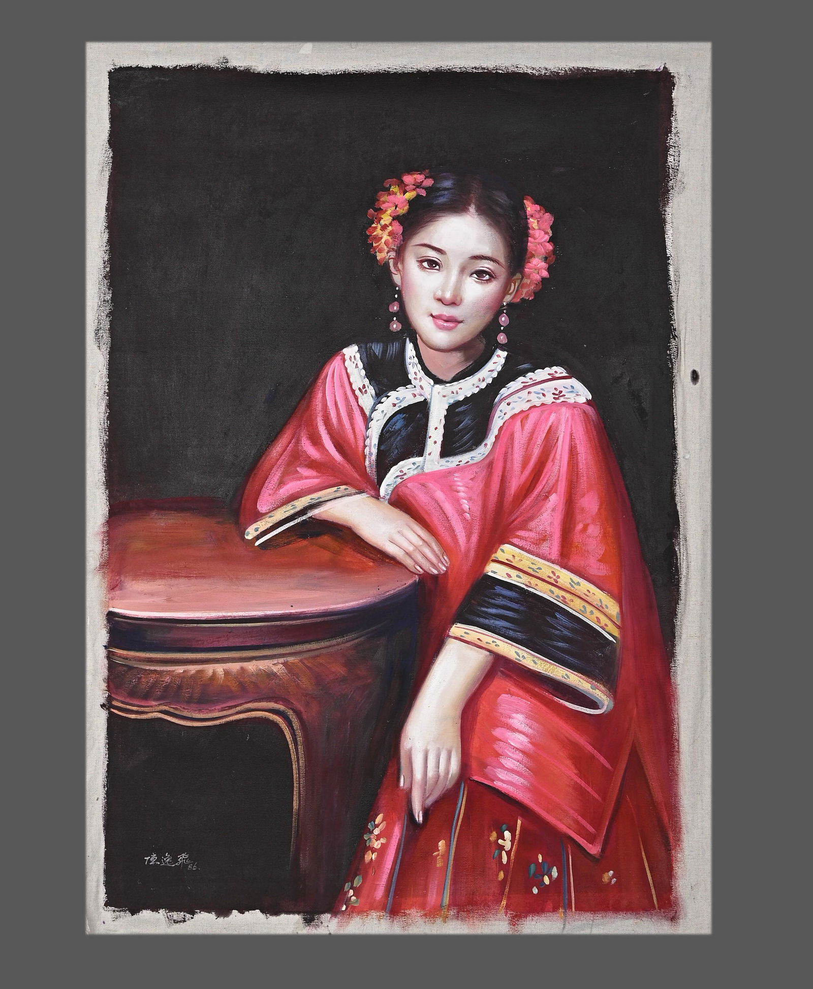 A RED TOWER LADY OIL PAINTING BY CHEN YIFEI.: Red Tower Lady Oil Painting by Chen Yifei, 1986 Version, Unmounted.