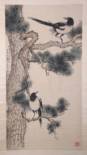 A MAGPIES PAINTING ON PAPER BY XU BEIHONG.: Double Magpies Painting on Paper, Hand Painted by Xu Beihong, Symbolize Happiness and Auspiciousness.