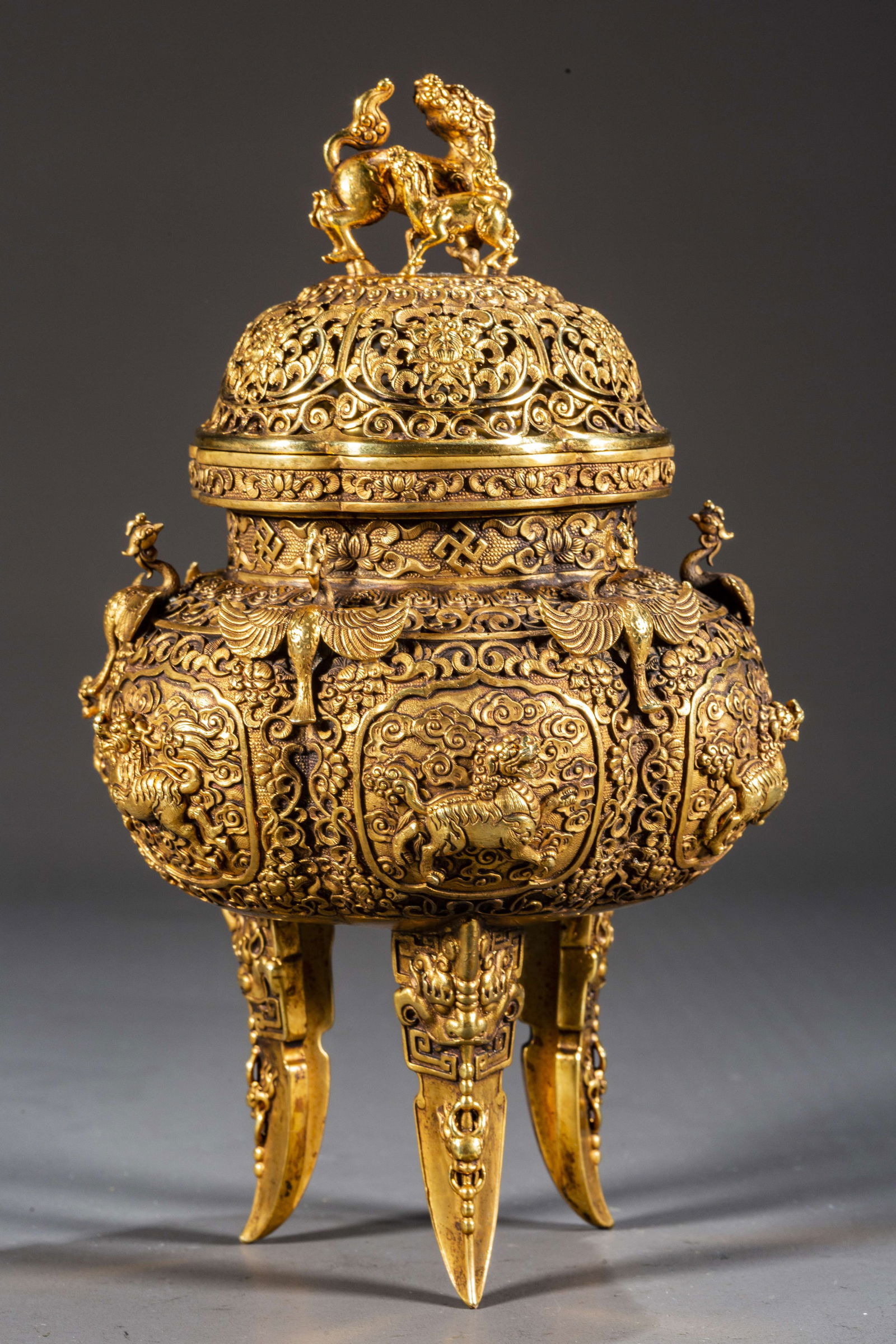 A GILT BRONZE INCENSE BURNER WITH BEAST DESIGN. (1 of 11)
