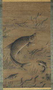 A FISH AND ALGAE PAINTING ON SILK BY LIU CAI.: Fish and Algae Painting on Silk, Hand Painted by Liu Cai.