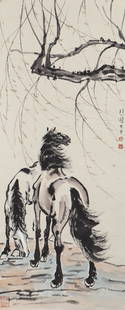 A DOUBLE HORSES AND WILLOW LEAVES PAINTING.: Vertical-Hanging Double Horses and Willow Leaves Painting on Paper, Hand Painted by Xu Beihong.