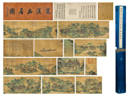 A SILK SCROLL OF LANDSCAPE PAINTING.: Silk Scroll of Landscape Painting, Cooperatively Painted by Wang Hui, Jin Kun and Yang Jin.