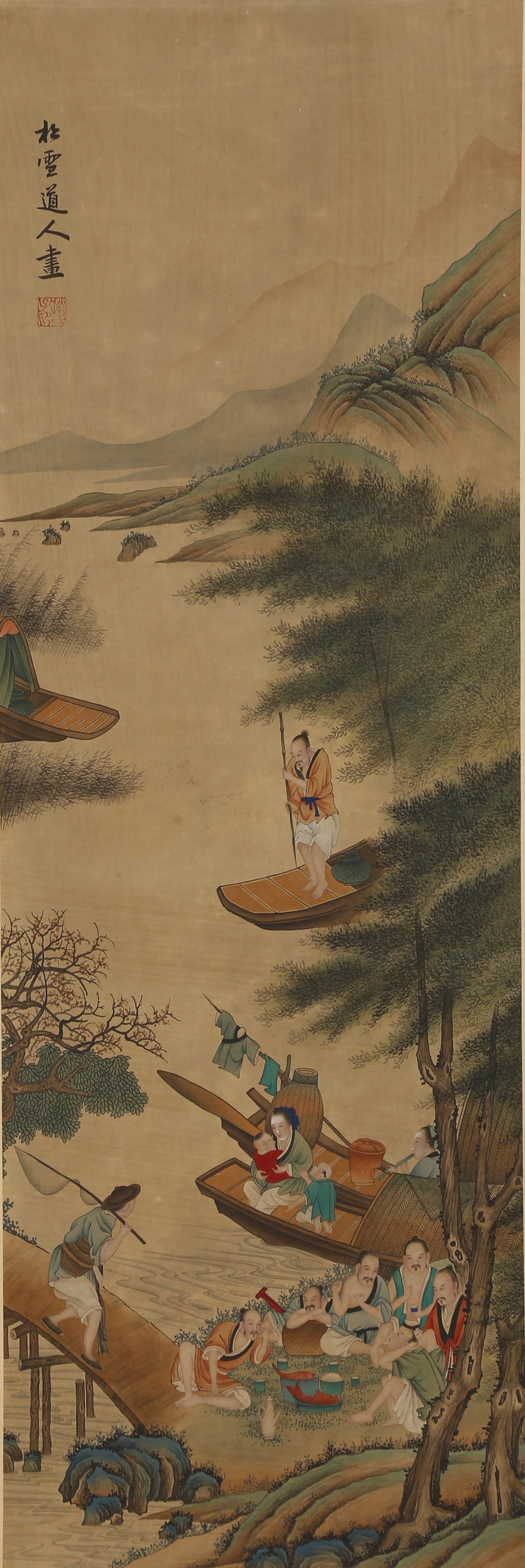 A FISHERMAN'S FAMILY PAINTING ON SILK.趙孟頫: .Fisherman's Family Painting on Silk, Painted by Zhao Mengfu.趙孟頫