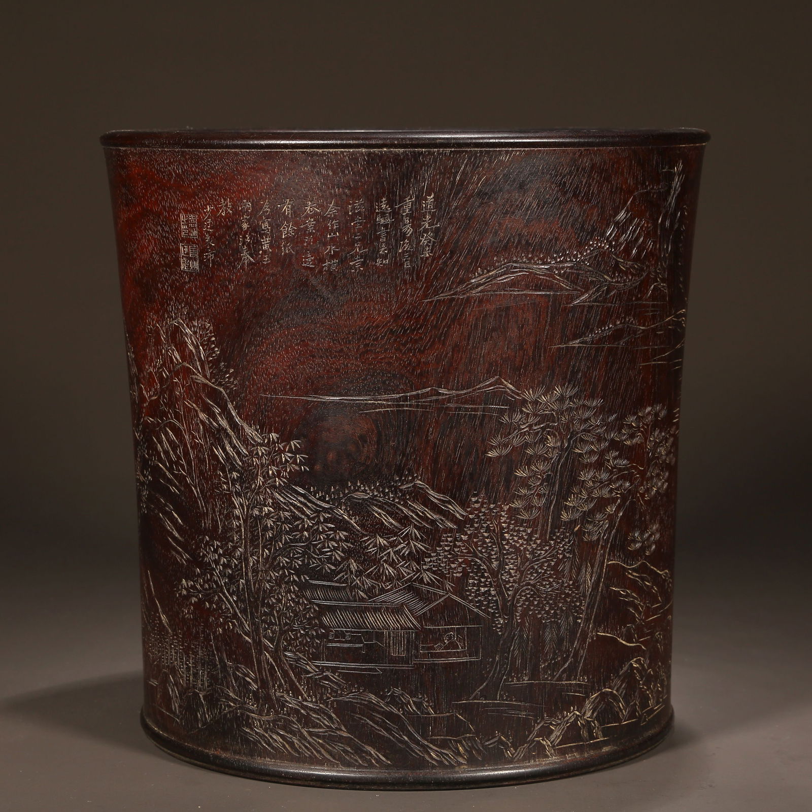 A PADAUK BRUSH POT, CARVED LANDSCAPE DESIGN. (1 of 10)