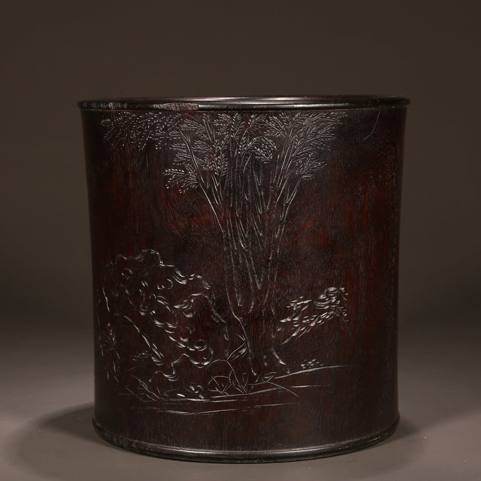 A PADAUK BRUSH POT, CARVED FLOWERS DESIGN. (1 of 9)