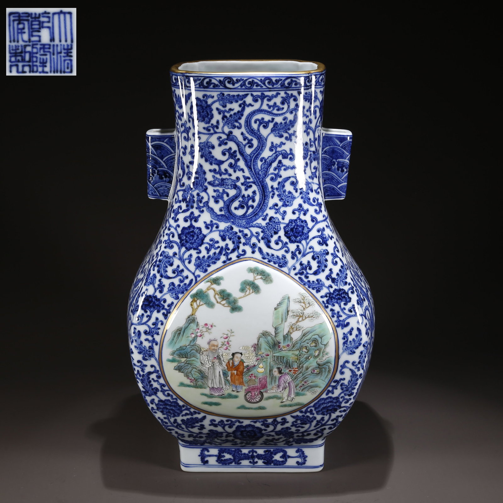 A BLUE-AND-WHITE PORCELAIN BOTTLE.: Blue-and-White Porcelain Bottle, with Flowers Design, Windowed Famille-Rose Figure Story Design, Tube-Shaped Ears.