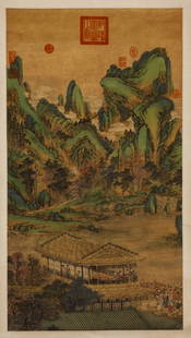A LANDSCAPE PAINTING ON SILK, BY QIU YING.仇英: Landscape and Figure Story Painting on Silk, Painted by Qiu Ying.仇英