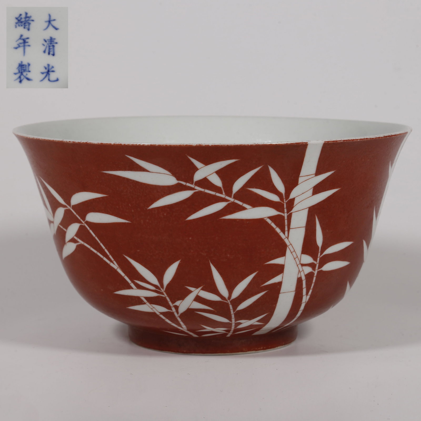 A RED GLAZED PORCELAIN BOWL, WITH BAMBOO DESIGN.: Red Glazed Porcelain Bowl, with White Bamboo Leaves Design.
