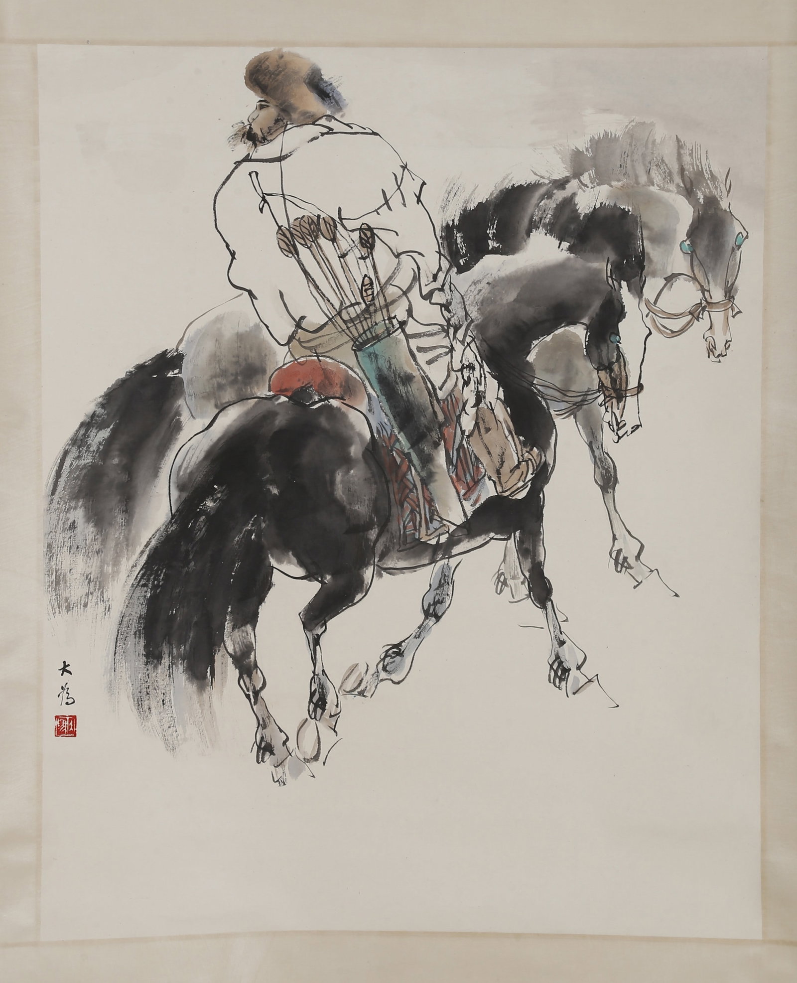 A HUNTING PAINTING ON PAPER BY LIU DAWEI.刘大为: Hunting Painting on Paper, Hand Painted by Liu Dawei.刘大为