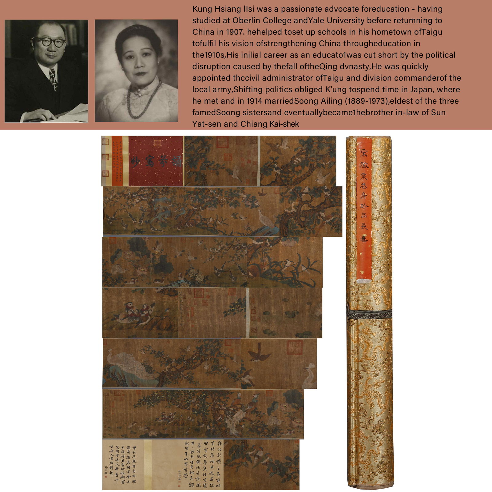 A SCROLL OF FLOWERS AND BIRDS PAINTING.宋徽宗: Silk Scroll of Flowers and Birds Painting, by Emperor Huizong of Song Dynasty.宋徽宗PROVENANCE: Highlight of this sale is part of the collection of K'ung Hsiang-Hsi (Kong Xiangxi, &#