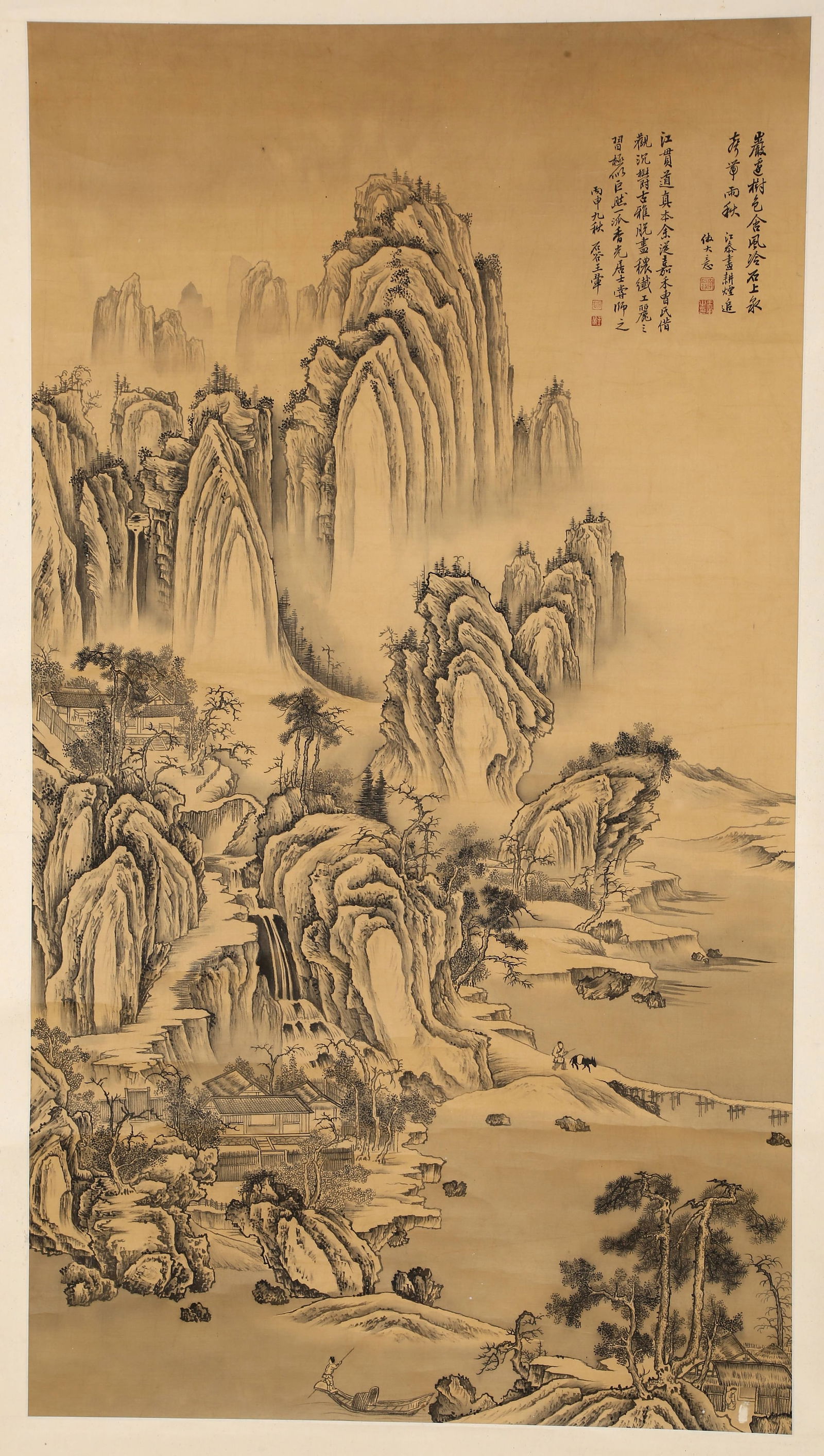 A LANDSCAPE PAINTING ON SILK, BY WANG HUI.王翬: Landscape Painting on Silk, Painted by Wang Hui.王翬