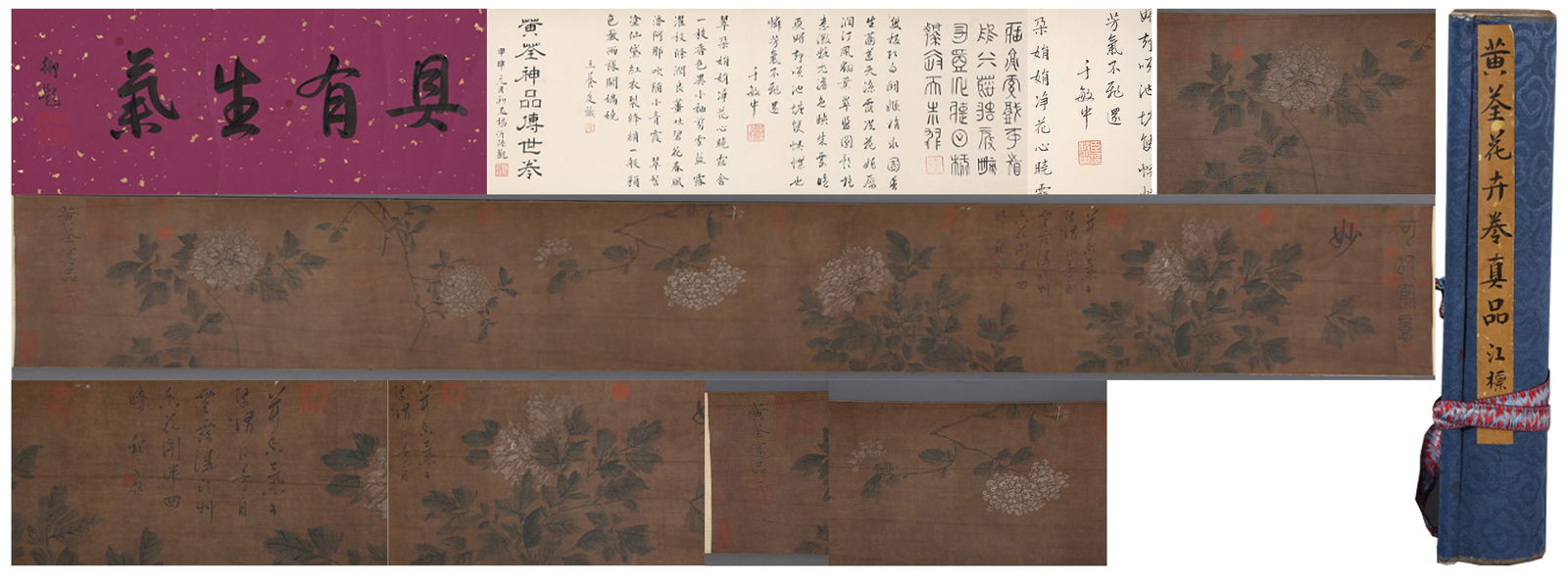 A SCROLL OF FLOWERS PAINTING, HUANG QUAN.黄荃: Silk Scroll of Flowers and Plants Painting, by Huang Quan.黄荃