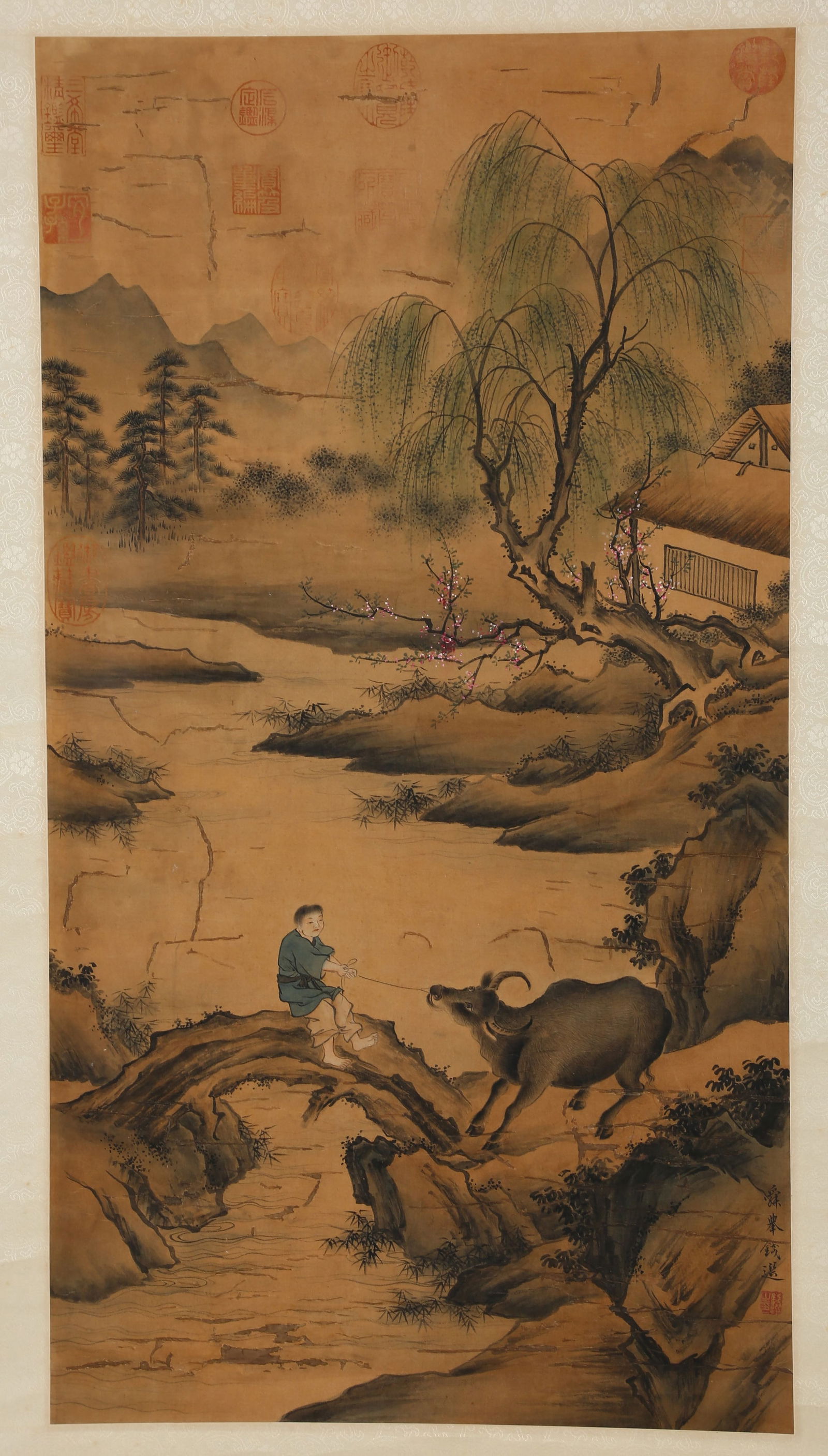 A LANDSCAPE AND HERDING-CATTLE PAINTING.钱选: Landscape and Herding-Cattle Painting on Silk, Painted by Qian Xuan.钱选