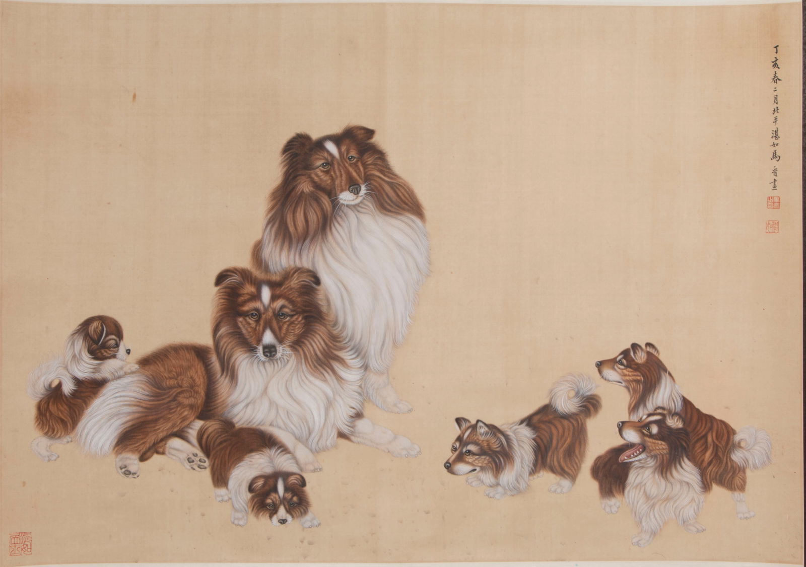 A DOGS PAINTING ON SILK, BY MA JIN.马晋: Dogs Painting on Silk, Painted by Ma Jin.马晋