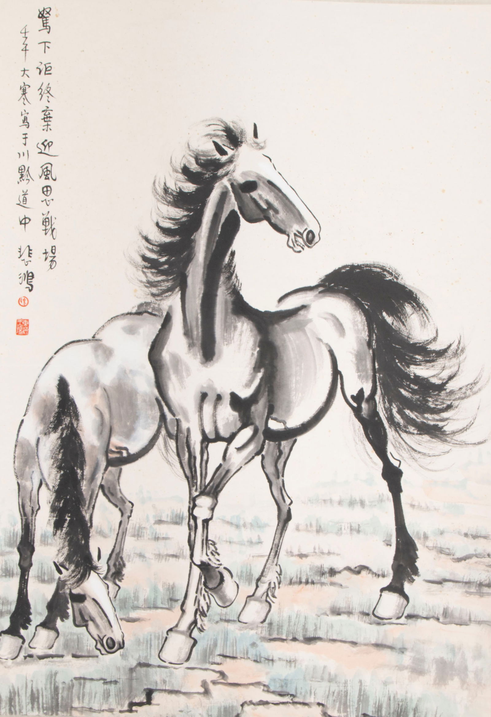 A HORSES PAINTING ON PAPER, BY XU BEIHONG.徐悲鸿: Horses Painting on Paper, Painted by Xu Beihong.徐悲鸿