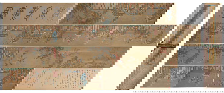 A SCROLL OF "HAN'GONGCHUNXIAO" PAINTING.仇英: Silk Scroll of "Han'gongchunxiao" Painting, Painted by Qiu Ying.仇英