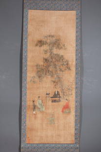A PLAYING-GUQIN PAINTING ON SILK, QIU YING.仇英: Imitation Emperor Huizong's Playing-Guqin Painting, on Silk, Painted by Qiu Ying.仇英