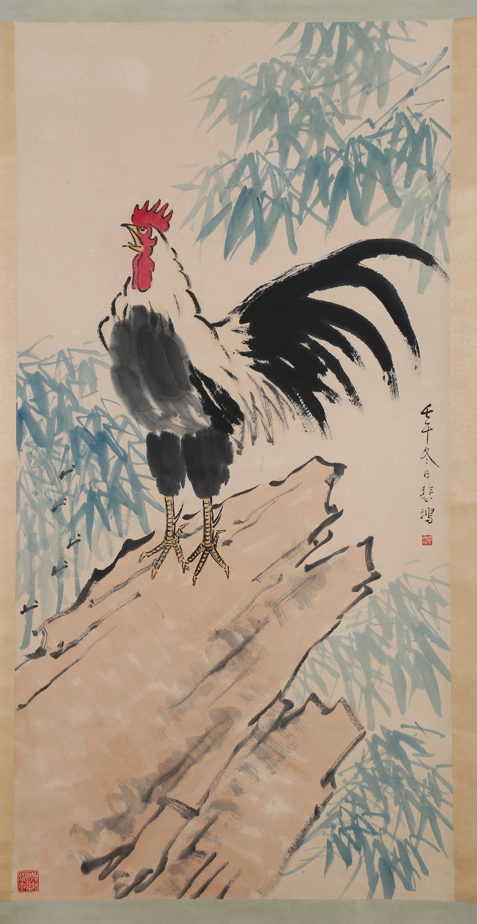A PAPER PAINTING OF ROOSTER BY XU BEIHONG徐悲鸿: Paper painting of rooster by Xu Beihong徐悲鸿