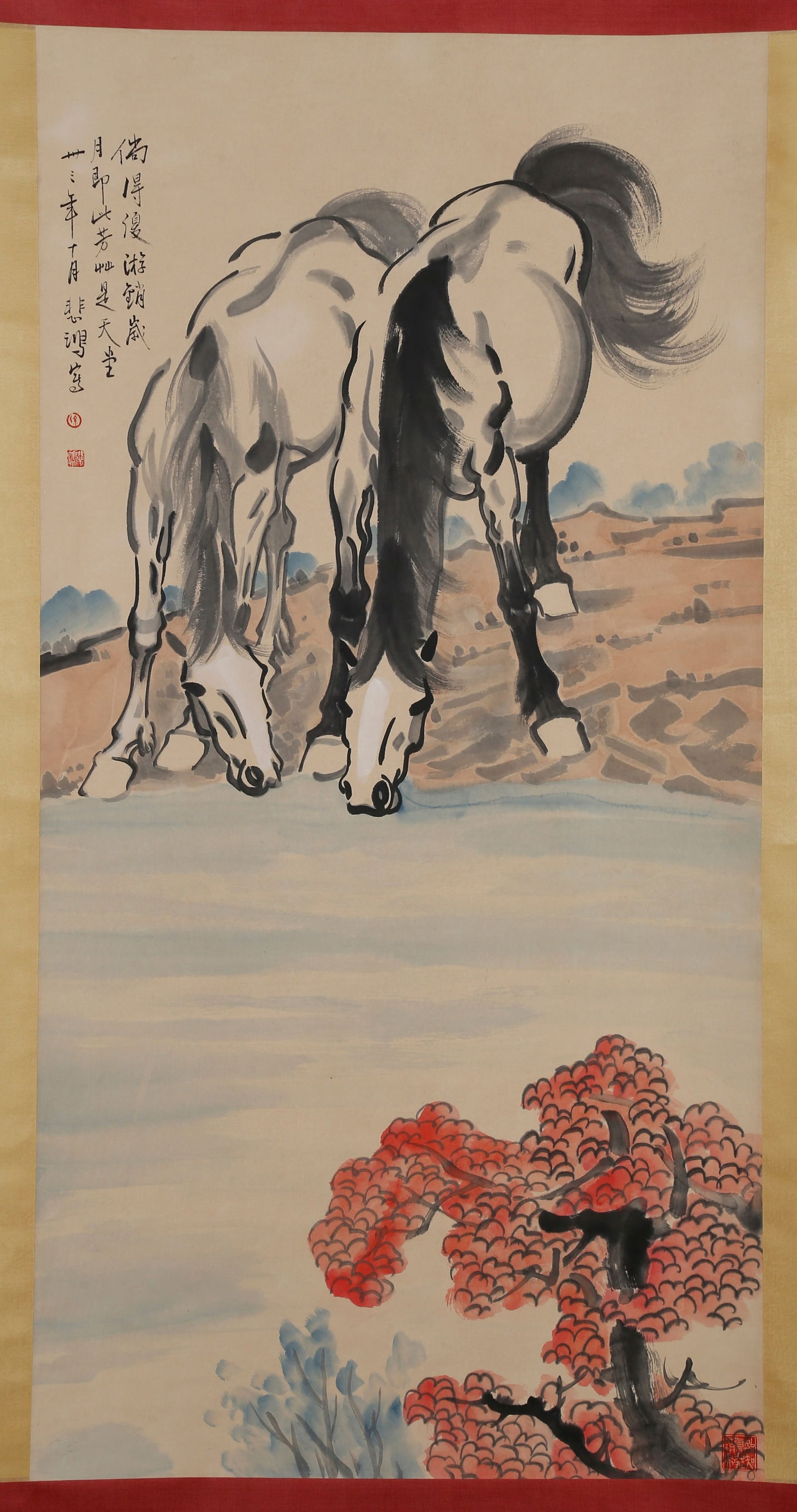 A PAPER PAINTING OF HORSES BY XU BEIHONG徐悲鸿: Paper painting of horses by Xu Beihong徐悲鸿