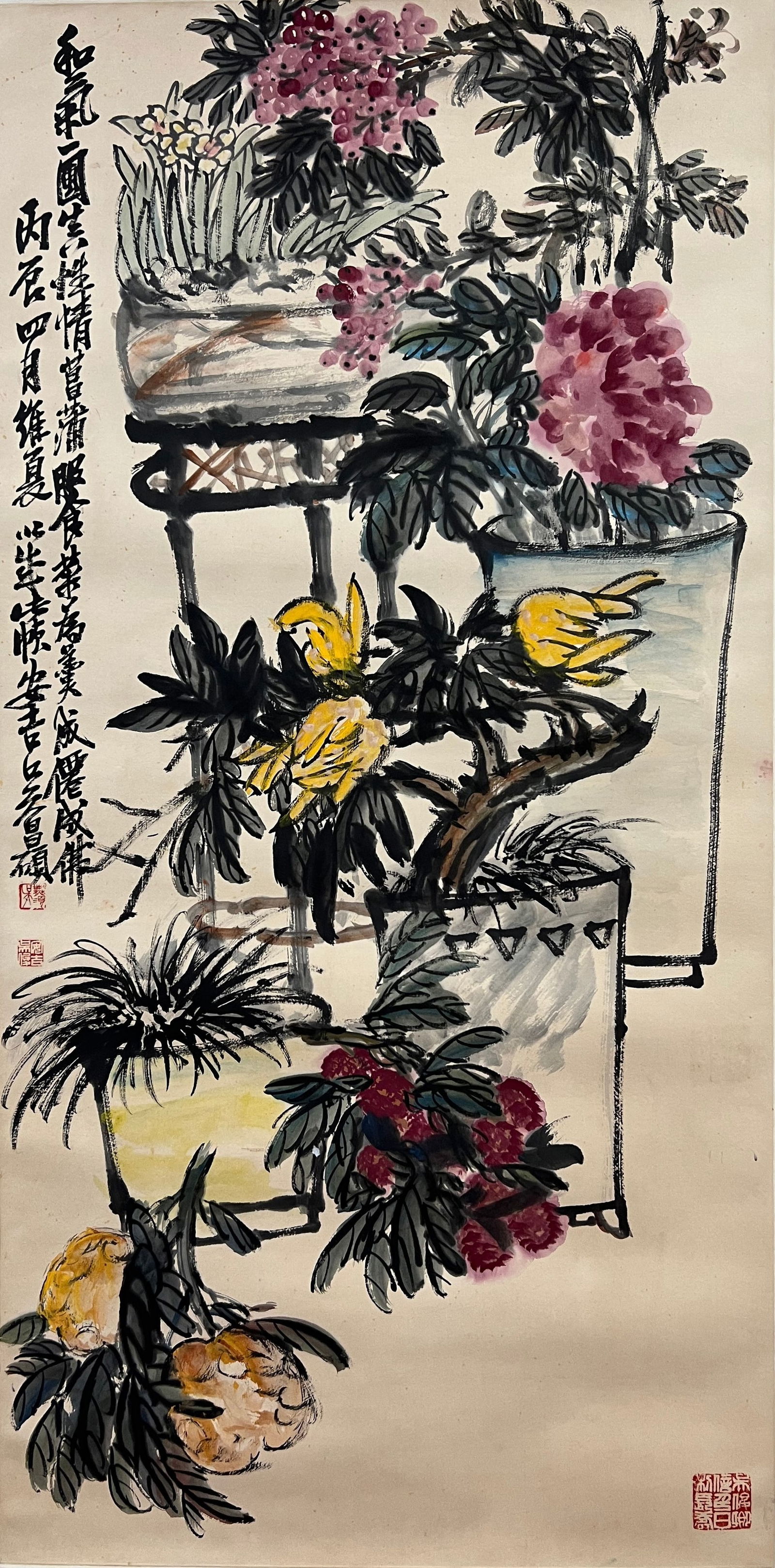 A WU CHANGSHUO FOUR-FOOT FLORAL HANGING SCROLL.吴昌硕: Wu Changshuo four-foot floral hanging scroll.吴昌硕