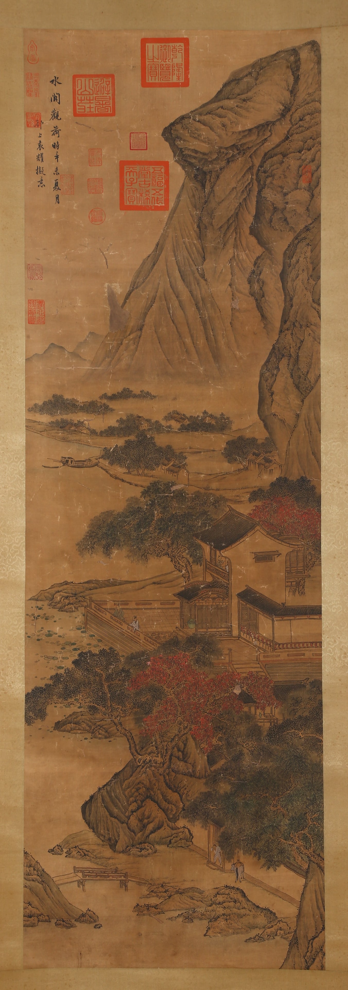 A LANDSCAPE AND PAVILION PAINTING ON SILK. (1 of 10)