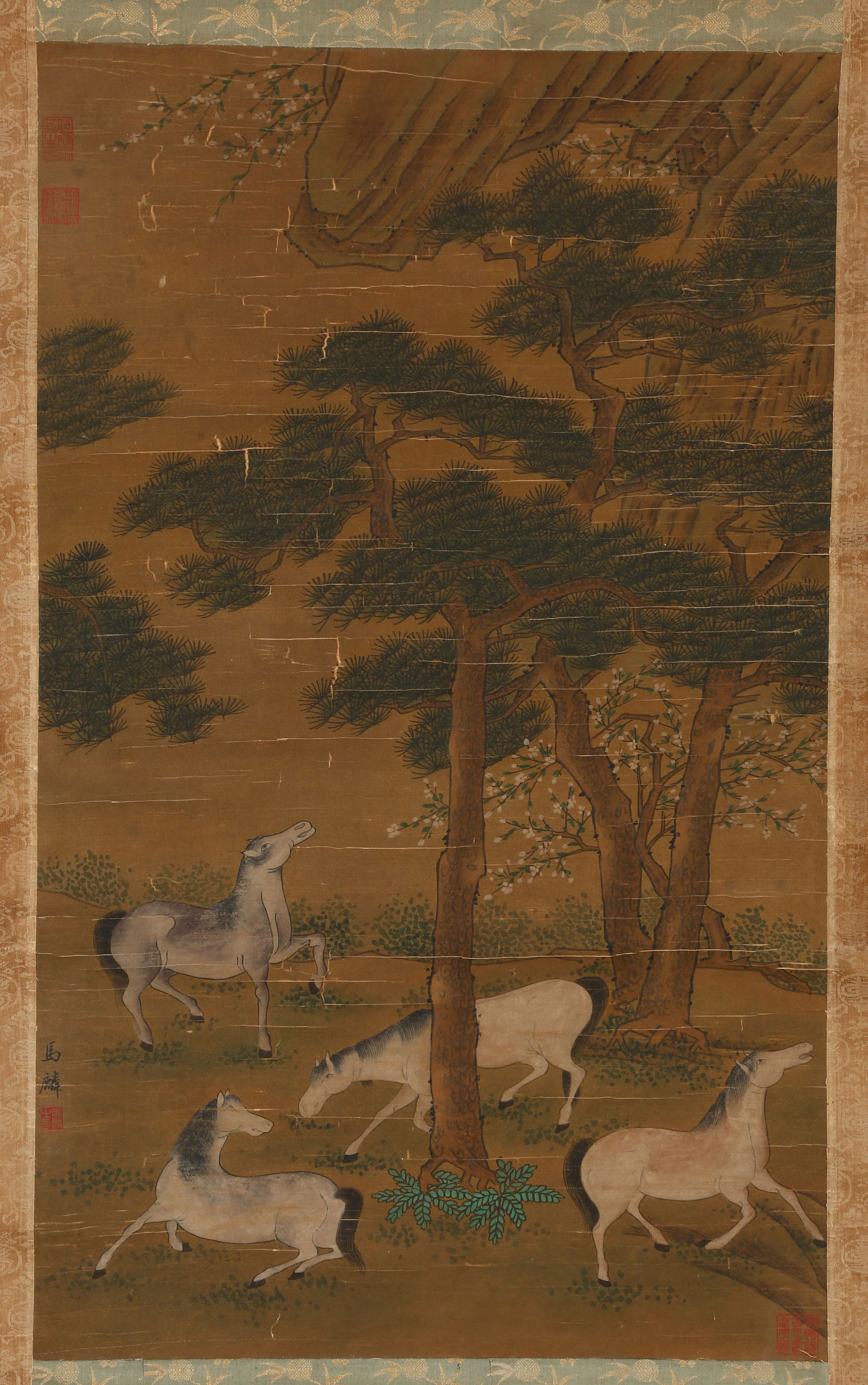 A PINES AND FOUR-STEED PAINTING ON SILK.马麟: Pines and Four-Steed Painting on Silk, Painted by Ma Lin.马麟