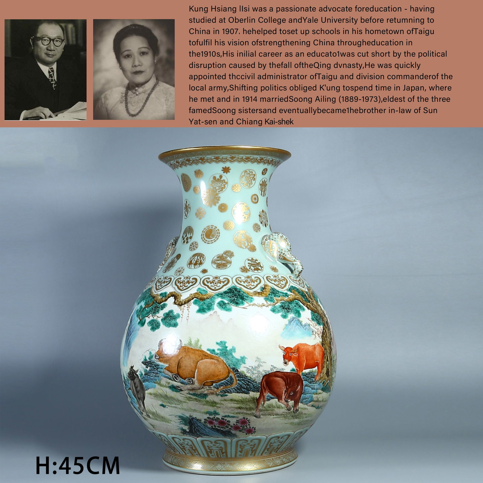 A FAMILLE ROSE VASE WITH OXHERDING AND LANDSCAPE DESIGN, ELEPHANT EARS: Famille rose vase with oxherding and landscape design, elephant ears PROVENANCE: Highlight of this sale is part of the collection of K'ung Hsiang-Hsi (Kong Xiangxi, 孔祥熙, 1880-1967