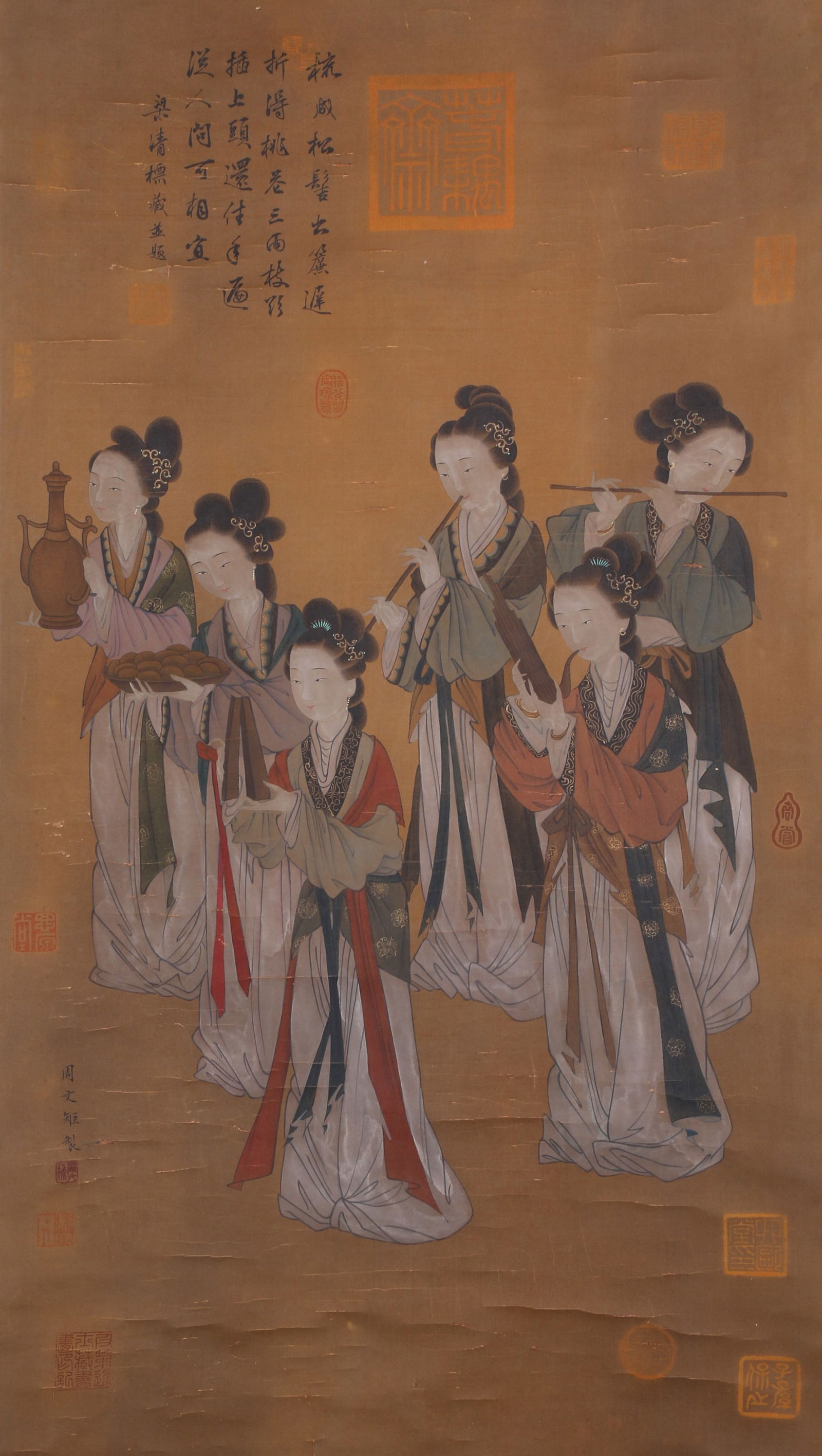 A SILK PAINTING BY ZHOU WENJU OF COURT LADIES.周文矩: Silk painting by Zhou Wenju of court ladies.周文矩