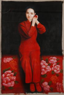 A CLOTH OIL PAINTING OF FIGURES BY WANG YIDONG.王沂东: Cloth oil painting of figures by Wang Yidong.王沂东