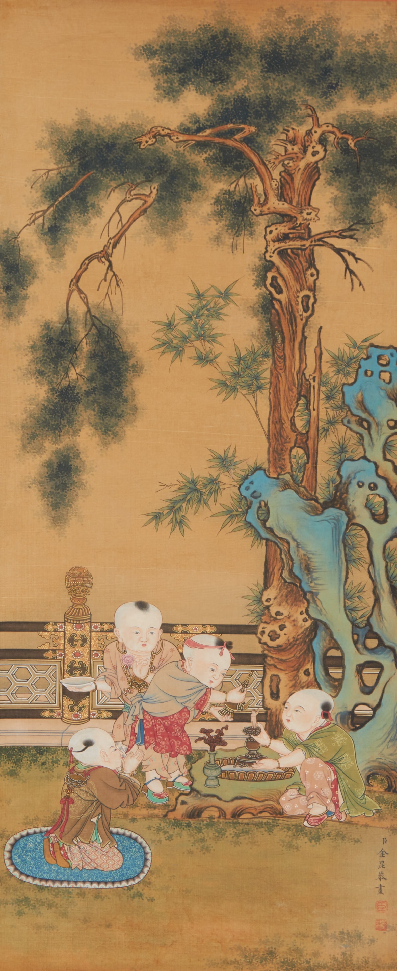 A PAINTING OF PLAYING CHILDREN BY JIN KUN ON SILK.金昆 (1 of 7)