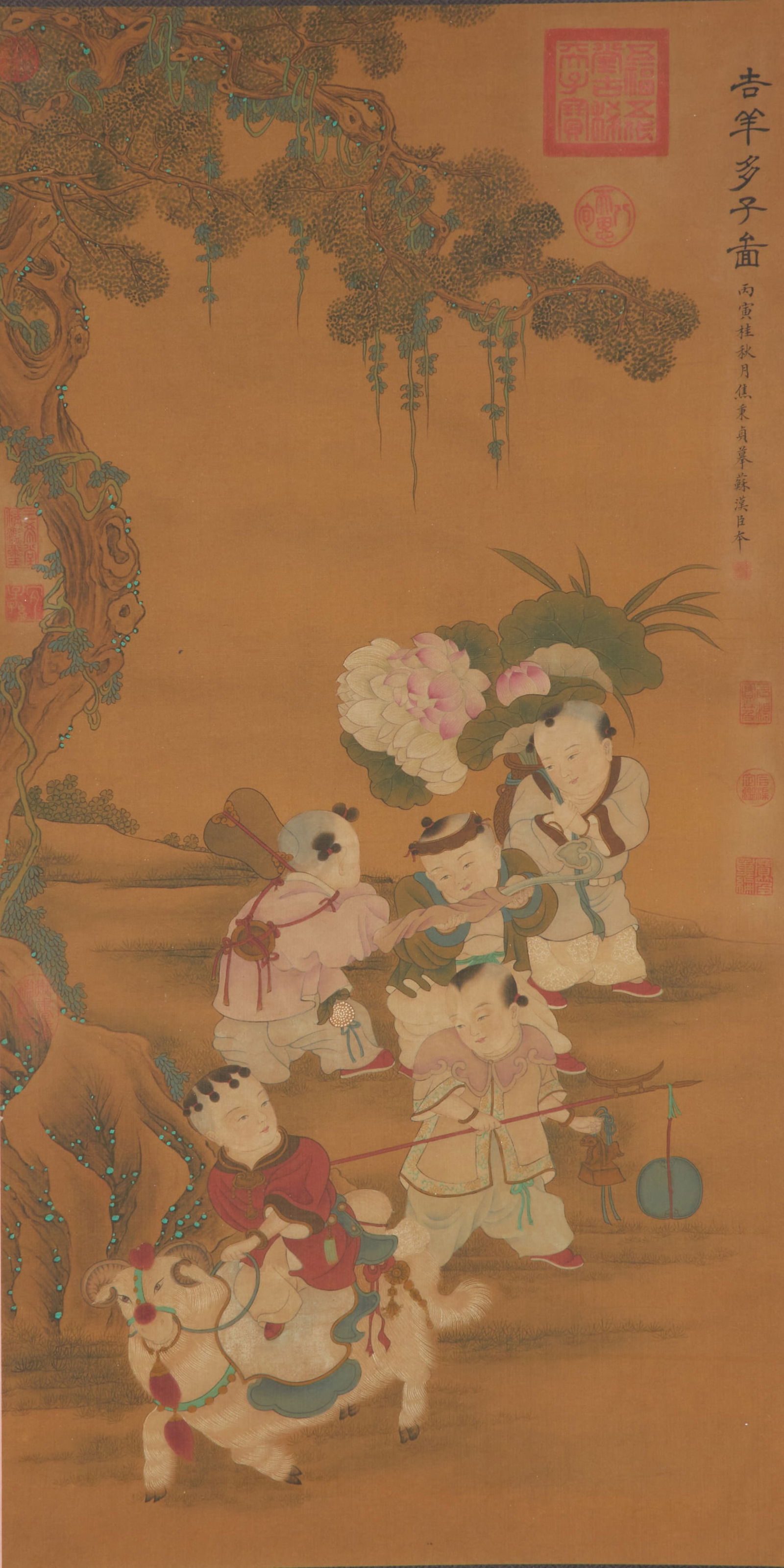 A SILK PAINTING "AUSPICIOUS SHEEP WITH MANY OFFSPRING" BY JIAO BINGZHEN.焦秉贞: Silk painting "Auspicious Sheep with Many Offspring" by Jiao Bingzhen.焦秉贞苏汉臣