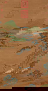 A SILK PAINTING "LANDSCAPE WITH FIGURES" BY QIU YING.仇英: Silk painting "Landscape with Figures" by Qiu Ying.仇英