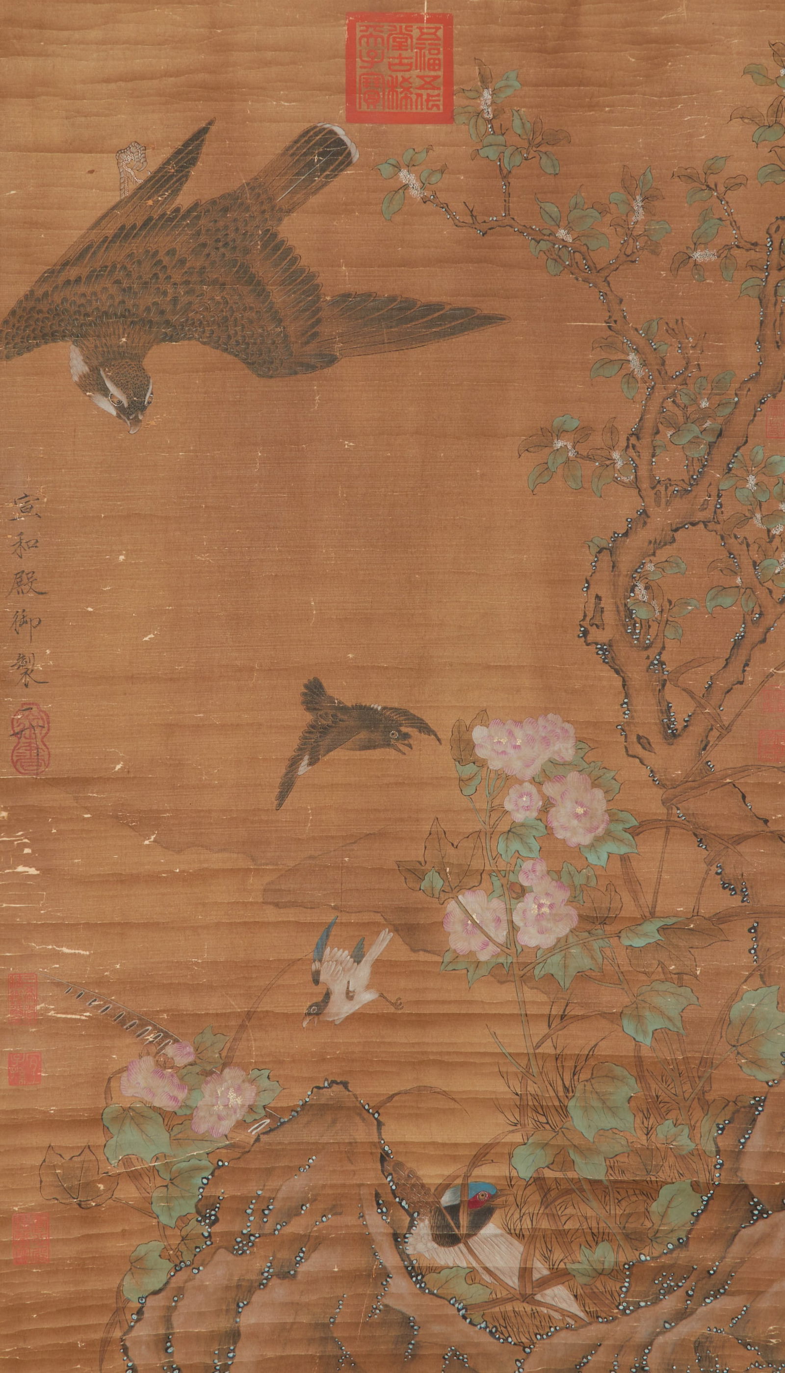 A SILK PAINTING "FLOWERS AND BIRDS" BY SONG HUIZONG.宋徽宗: Silk painting "Flowers and Birds" by Song Huizong.宋徽宗