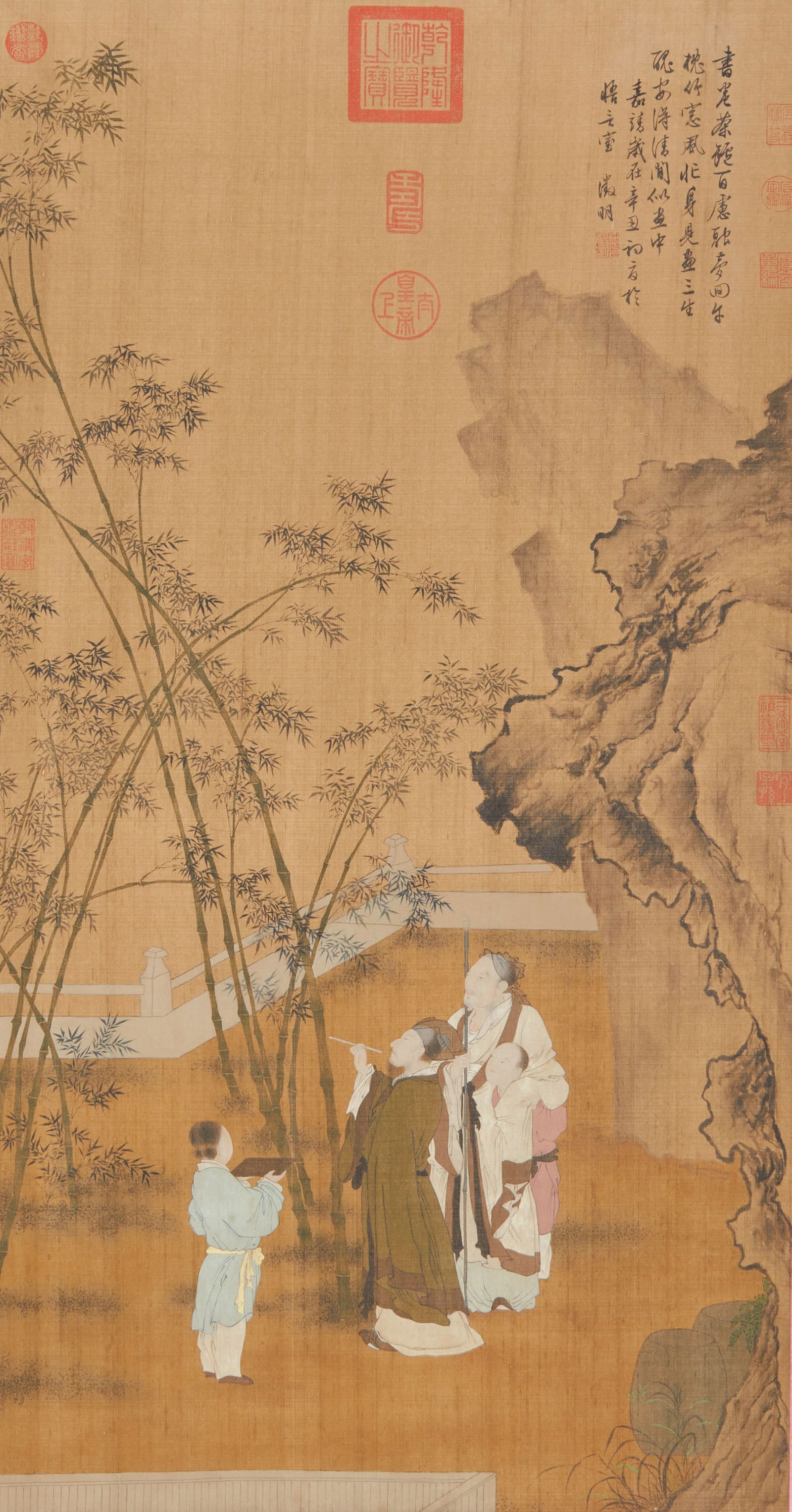 A SILK PAINTING WITH BAMBOO INSCRIPTION BY WEN ZHENGMING.文徵明: Silk painting with bamboo inscription by Wen Zhengming.文徵明