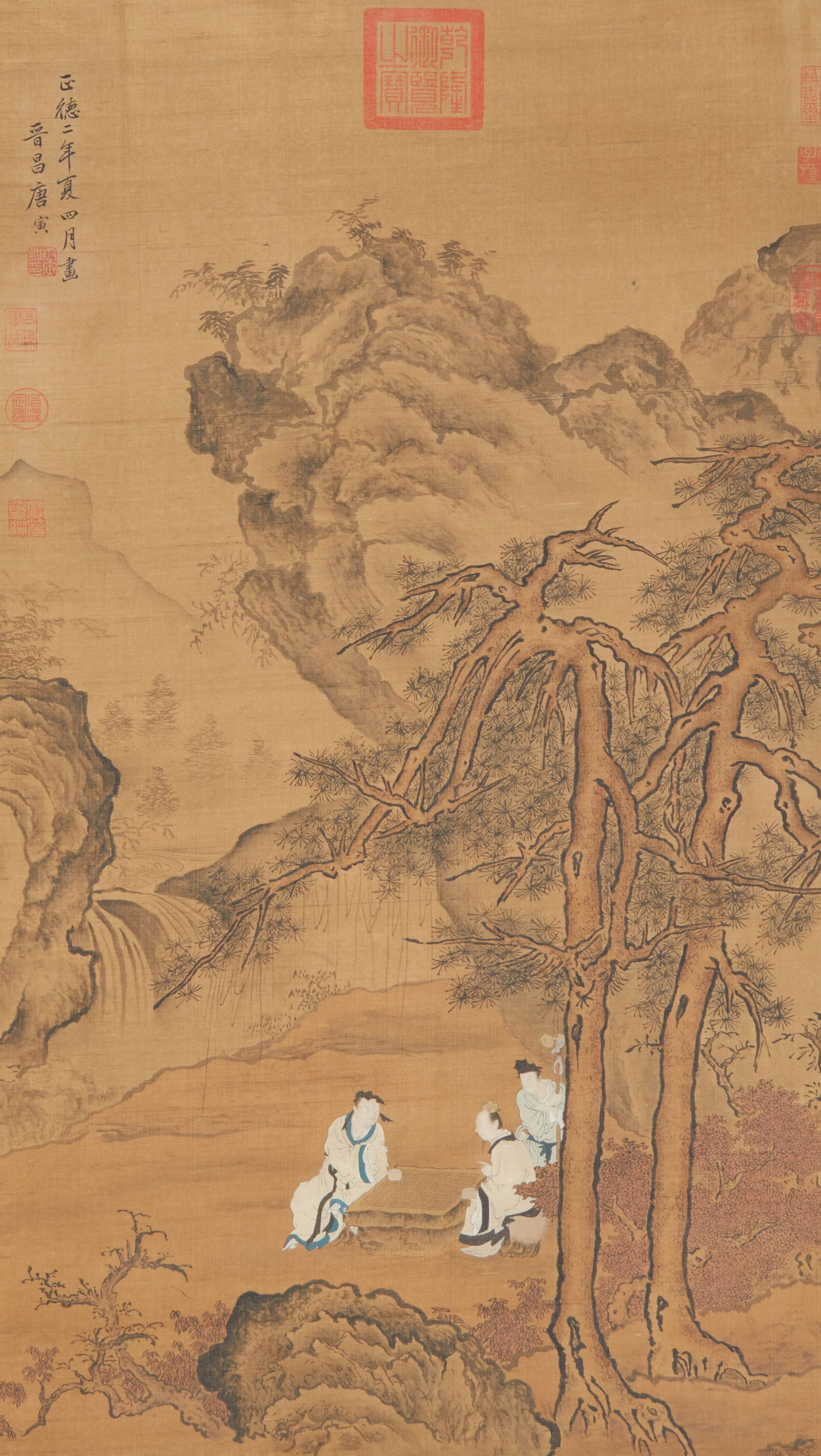 A SILK PAINTING "CHESS GAME UNDER THE PINE TREE" BY TANG BOHU.唐伯虎 (1 of 11)