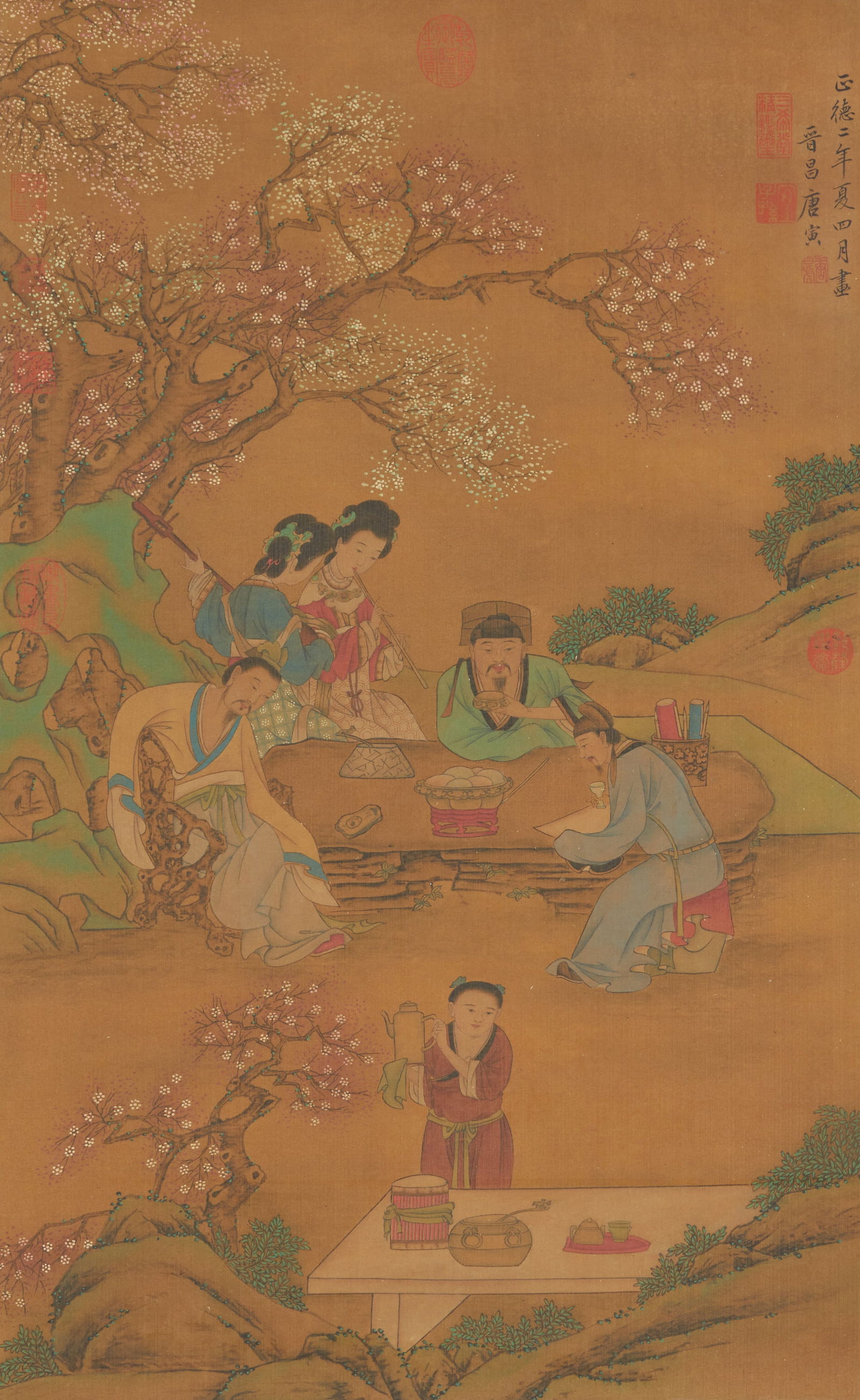 A SILK PAINTING "STORIES OF CHARACTERS" BY TANG BOHU.唐伯虎: Silk painting "Stories of Characters" by Tang Bohu.唐伯虎